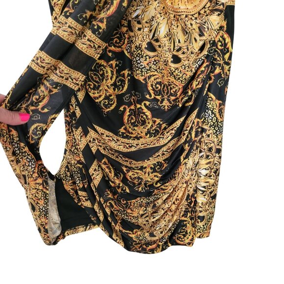 Banjul Sleeveless Baroque Print Ruched Dress Womens Size L Black Gold Party - Picture 5 of 8